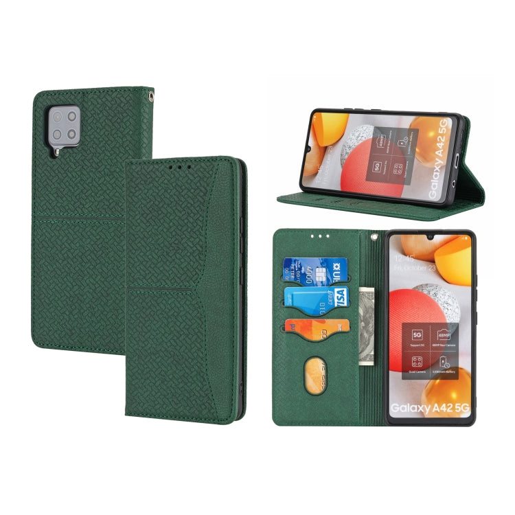 For Samsung Galaxy A22 5G Woven Texture Stitching Magnetic Horizontal Flip PU Leather Case with Holder & Card Slots & Wallet & Lanyard