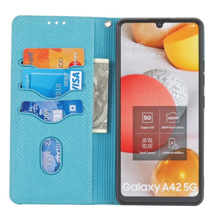 For Samsung Galaxy A22 5G Woven Texture Stitching Magnetic Horizontal Flip PU Leather Case with Holder & Card Slots & Wallet & Lanyard