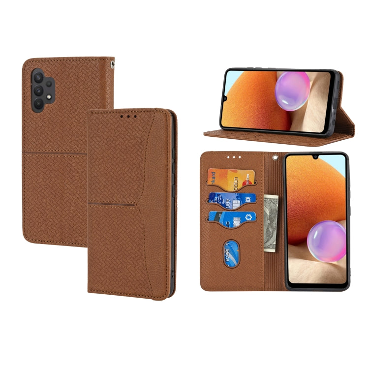 For Samsung Galaxy A32 4G Woven Texture Stitching Magnetic Horizontal Flip PU Leather Case with Holder & Card Slots & Wallet & Lanyard