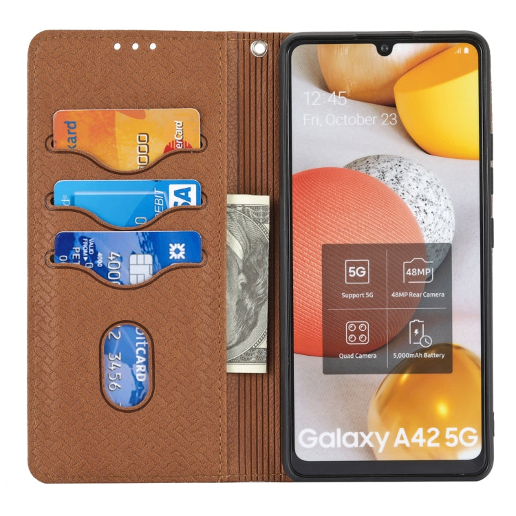 For Samsung Galaxy A42 5G Woven Texture Stitching Magnetic Horizontal Flip PU Leather Case with Holder & Card Slots & Wallet & Lanyard