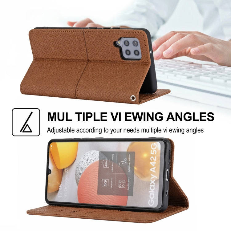 For Samsung Galaxy A42 5G Woven Texture Stitching Magnetic Horizontal Flip PU Leather Case with Holder & Card Slots & Wallet & Lanyard