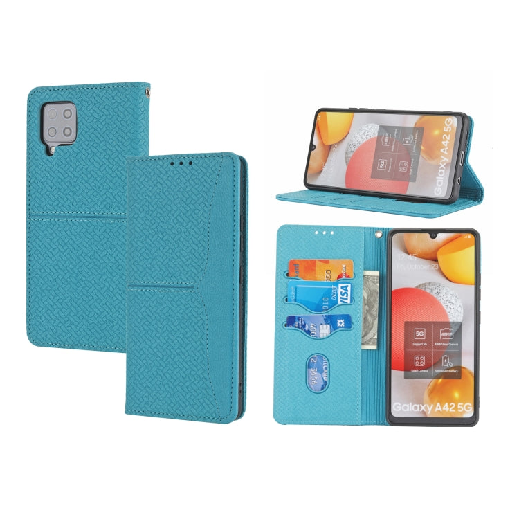 For Samsung Galaxy A42 5G Woven Texture Stitching Magnetic Horizontal Flip PU Leather Case with Holder & Card Slots & Wallet & Lanyard