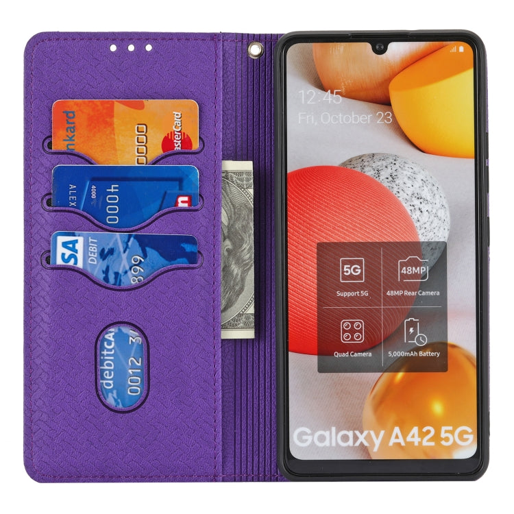 For Samsung Galaxy A42 5G Woven Texture Stitching Magnetic Horizontal Flip PU Leather Case with Holder & Card Slots & Wallet & Lanyard