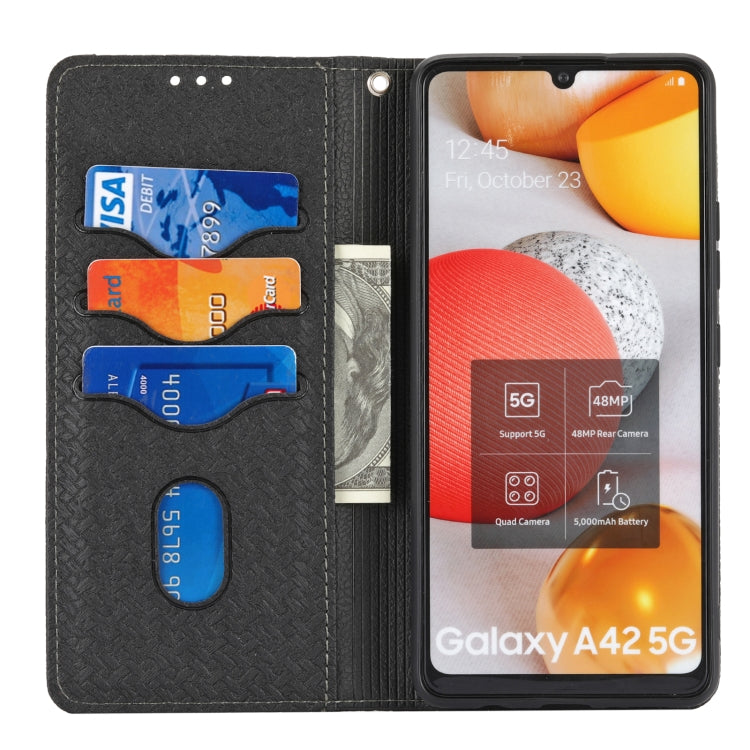 For Samsung Galaxy M32 Woven Texture Stitching Magnetic Horizontal Flip PU Leather Case with Holder & Card Slots & Wallet & Lanyard