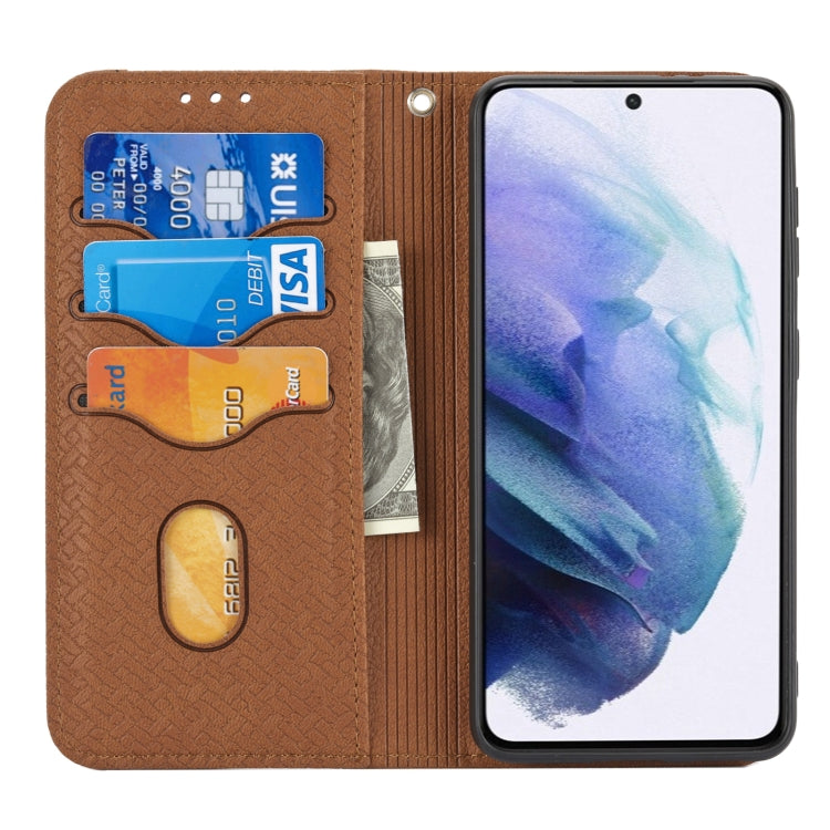 For Samsung Galaxy S21 FE Woven Texture Stitching Magnetic Horizontal Flip PU Leather Case with Holder & Card Slots & Wallet & Lanyard