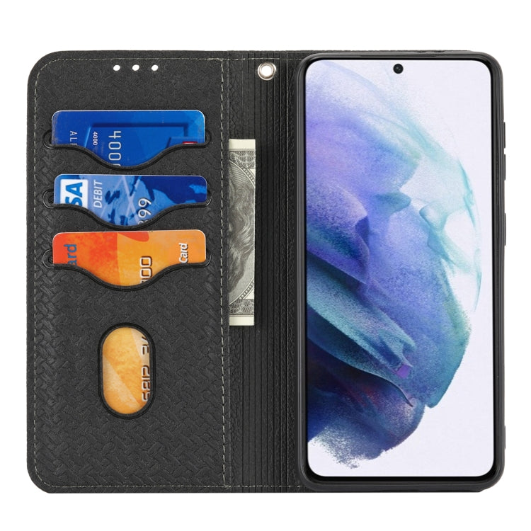 For Samsung Galaxy S21 FE Woven Texture Stitching Magnetic Horizontal Flip PU Leather Case with Holder & Card Slots & Wallet & Lanyard