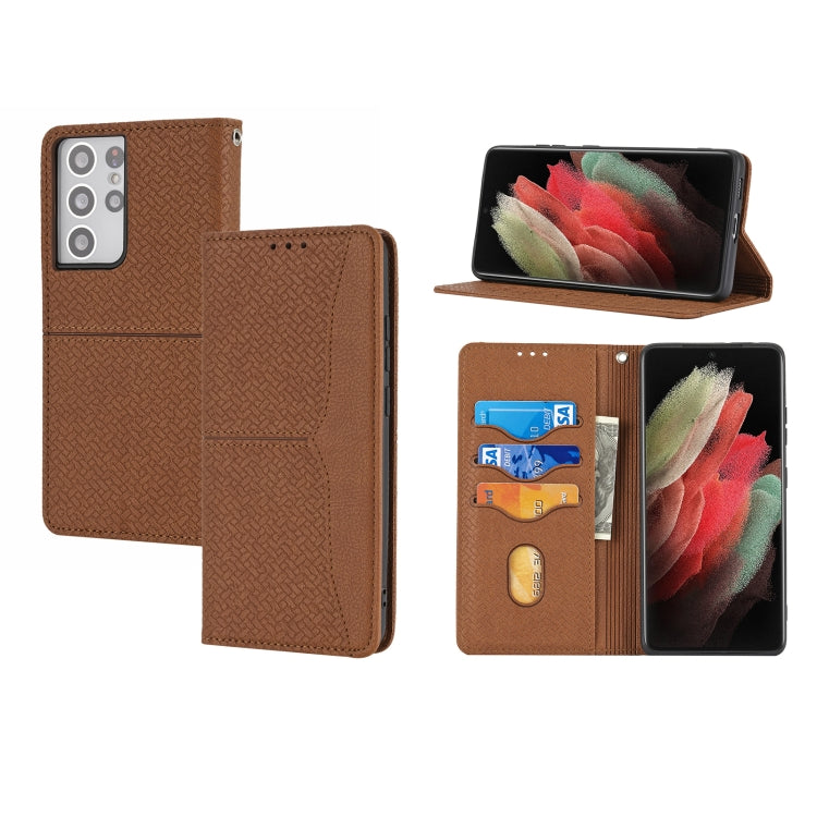 For Samsung Galaxy S21 Ultra 5G Woven Texture Stitching Magnetic Horizontal Flip PU Leather Case with Holder & Card Slots & Wallet & Lanyard