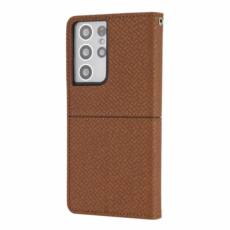 For Samsung Galaxy S21 Ultra 5G Woven Texture Stitching Magnetic Horizontal Flip PU Leather Case with Holder & Card Slots & Wallet & Lanyard