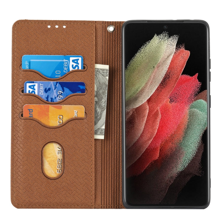 For Samsung Galaxy S21 Ultra 5G Woven Texture Stitching Magnetic Horizontal Flip PU Leather Case with Holder & Card Slots & Wallet & Lanyard