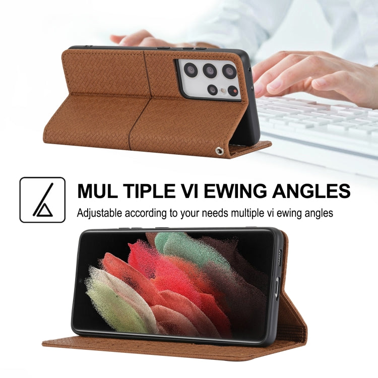 For Samsung Galaxy S21 Ultra 5G Woven Texture Stitching Magnetic Horizontal Flip PU Leather Case with Holder & Card Slots & Wallet & Lanyard