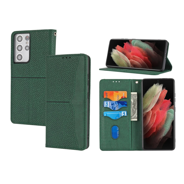For Samsung Galaxy S21 Ultra 5G Woven Texture Stitching Magnetic Horizontal Flip PU Leather Case with Holder & Card Slots & Wallet & Lanyard