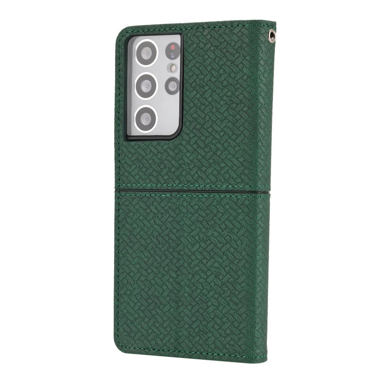 For Samsung Galaxy S21 Ultra 5G Woven Texture Stitching Magnetic Horizontal Flip PU Leather Case with Holder & Card Slots & Wallet & Lanyard