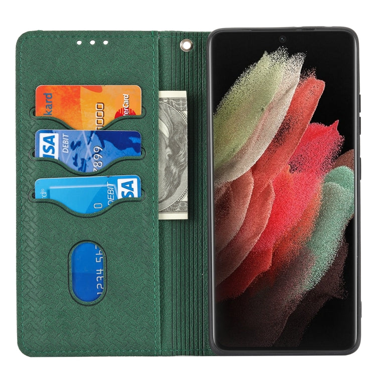 For Samsung Galaxy S21 Ultra 5G Woven Texture Stitching Magnetic Horizontal Flip PU Leather Case with Holder & Card Slots & Wallet & Lanyard