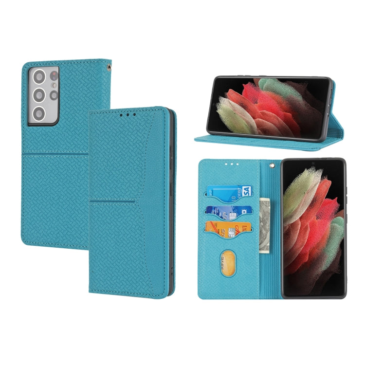 For Samsung Galaxy S21 Ultra 5G Woven Texture Stitching Magnetic Horizontal Flip PU Leather Case with Holder & Card Slots & Wallet & Lanyard