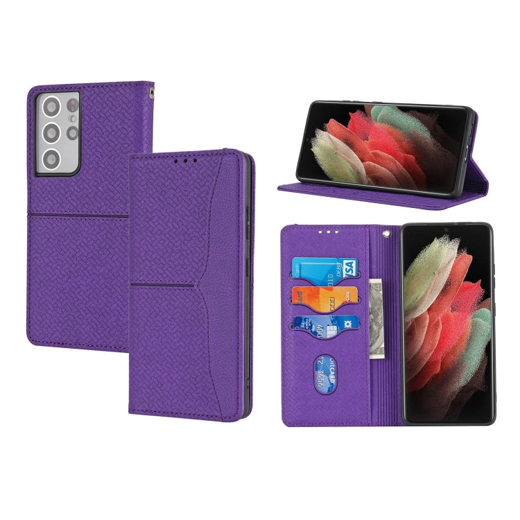 For Samsung Galaxy S21 Ultra 5G Woven Texture Stitching Magnetic Horizontal Flip PU Leather Case with Holder & Card Slots & Wallet & Lanyard