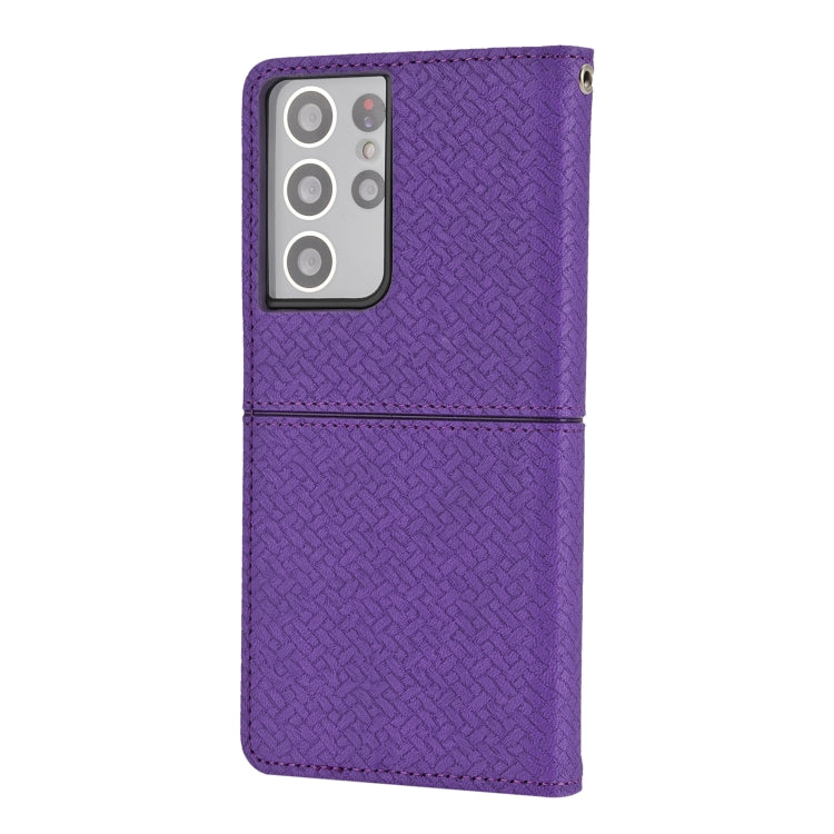 For Samsung Galaxy S21 Ultra 5G Woven Texture Stitching Magnetic Horizontal Flip PU Leather Case with Holder & Card Slots & Wallet & Lanyard
