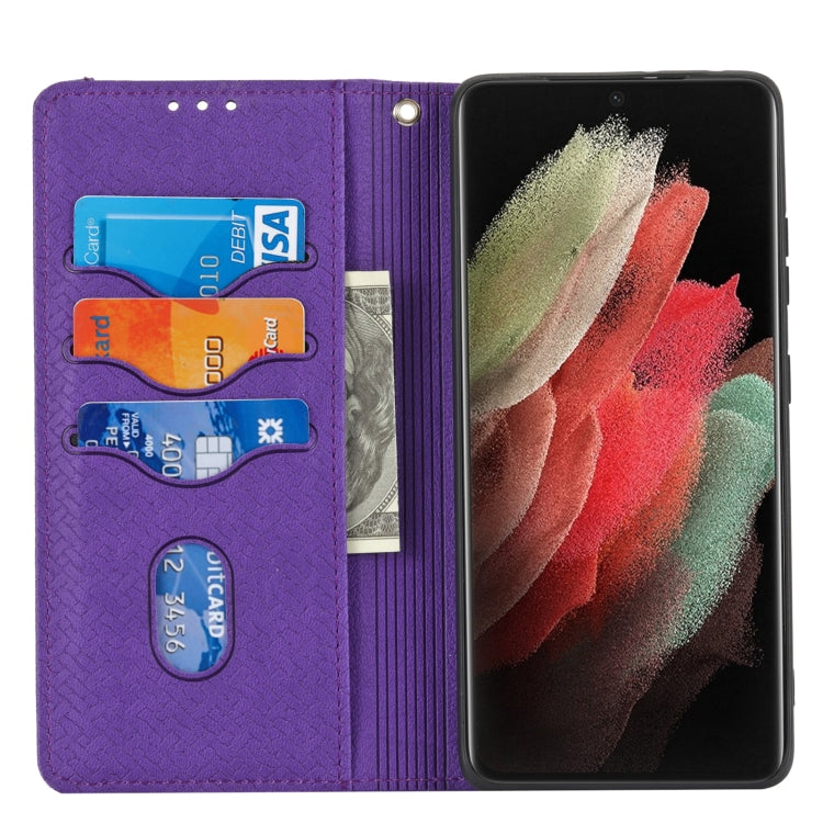 For Samsung Galaxy S21 Ultra 5G Woven Texture Stitching Magnetic Horizontal Flip PU Leather Case with Holder & Card Slots & Wallet & Lanyard