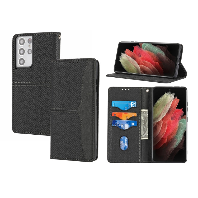 For Samsung Galaxy S21 Ultra 5G Woven Texture Stitching Magnetic Horizontal Flip PU Leather Case with Holder & Card Slots & Wallet & Lanyard
