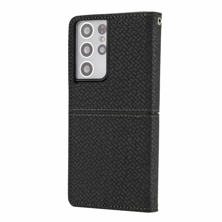 For Samsung Galaxy S21 Ultra 5G Woven Texture Stitching Magnetic Horizontal Flip PU Leather Case with Holder & Card Slots & Wallet & Lanyard