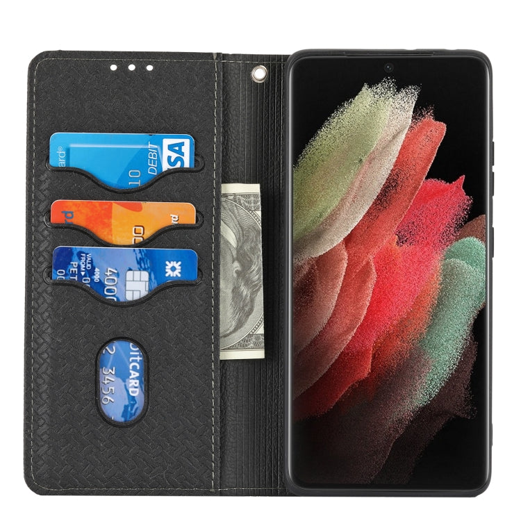 For Samsung Galaxy S21 Ultra 5G Woven Texture Stitching Magnetic Horizontal Flip PU Leather Case with Holder & Card Slots & Wallet & Lanyard