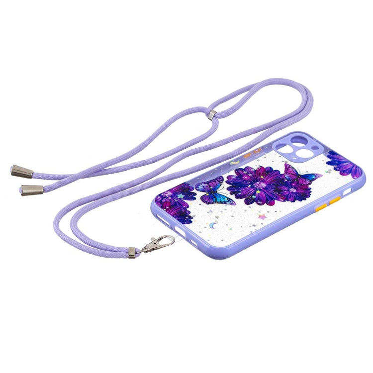 For iPhone 11 Colored Drawing Starry Sky Epoxy TPU Shockproof Case with Neck Lanyard