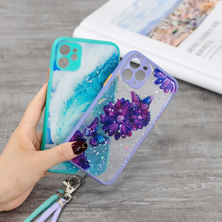 For iPhone 11 Colored Drawing Starry Sky Epoxy TPU Shockproof Case with Neck Lanyard