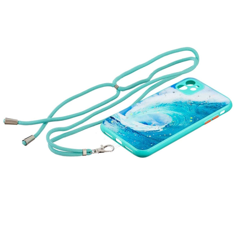 For iPhone 11 Colored Drawing Starry Sky Epoxy TPU Shockproof Case with Neck Lanyard
