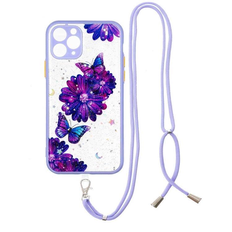 For iPhone 11 Pro Colored Drawing Starry Sky Epoxy TPU Shockproof Case with Neck Lanyard