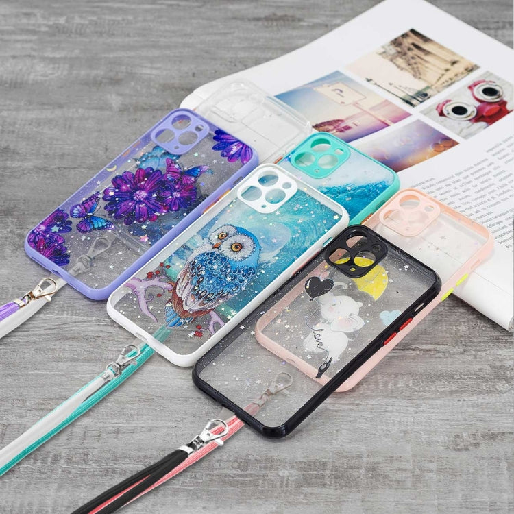 For iPhone 11 Pro Max Colored Drawing Starry Sky Epoxy TPU Shockproof Case with Neck Lanyard
