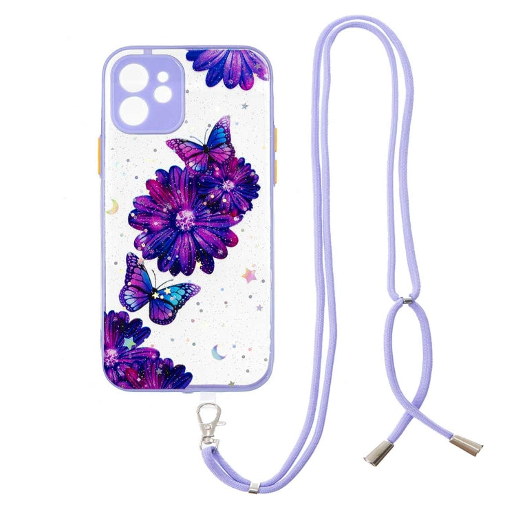 For iPhone 12 mini Colored Drawing Starry Sky Epoxy TPU Shockproof Case with Neck Lanyard