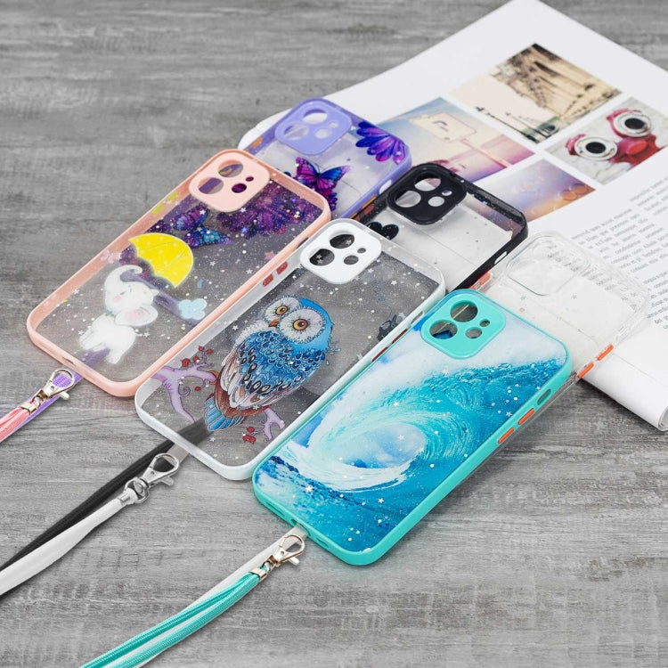 For iPhone 12 mini Colored Drawing Starry Sky Epoxy TPU Shockproof Case with Neck Lanyard