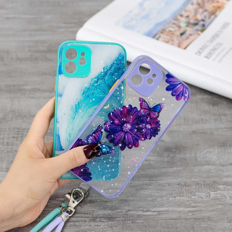 For iPhone 12 mini Colored Drawing Starry Sky Epoxy TPU Shockproof Case with Neck Lanyard