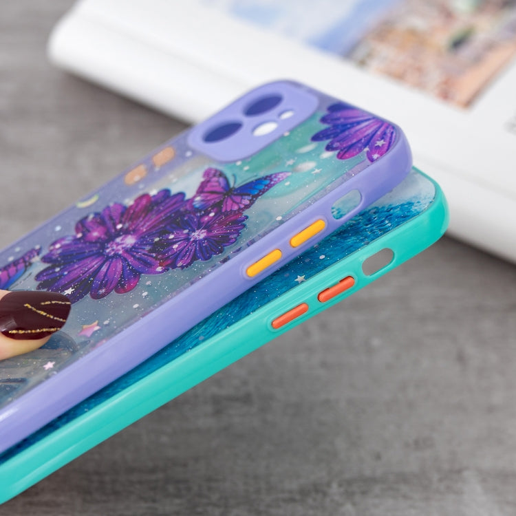 For iPhone 12 mini Colored Drawing Starry Sky Epoxy TPU Shockproof Case with Neck Lanyard