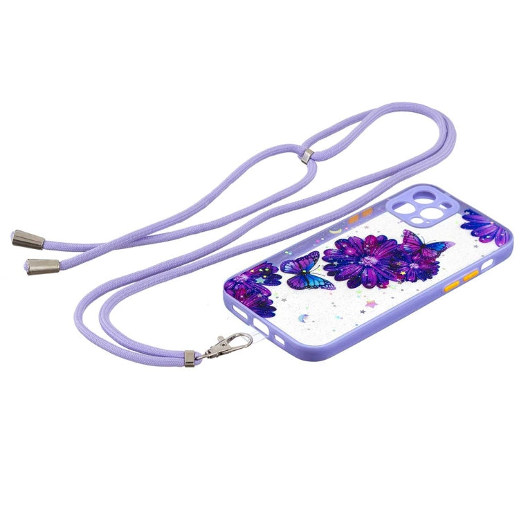 For iPhone 12 Pro Colored Drawing Starry Sky Epoxy TPU Shockproof Case with Neck Lanyard