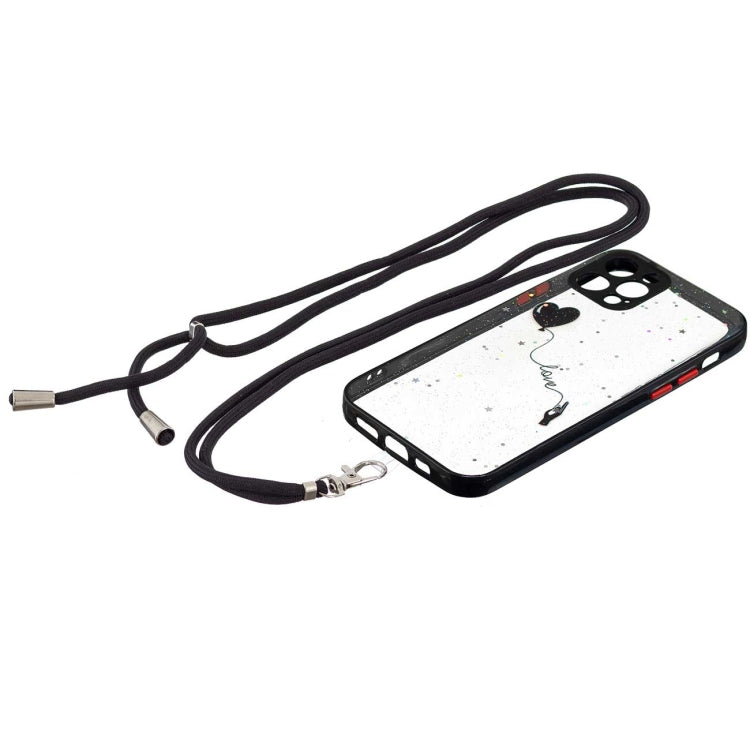 For iPhone 12 Pro Colored Drawing Starry Sky Epoxy TPU Shockproof Case with Neck Lanyard