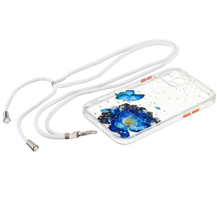For iPhone 12 Pro Colored Drawing Starry Sky Epoxy TPU Shockproof Case with Neck Lanyard