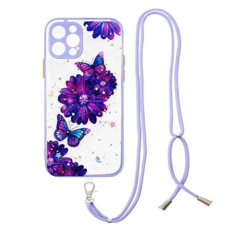 For iPhone 12 Pro Max Colored Drawing Starry Sky Epoxy TPU Shockproof Case with Neck Lanyard