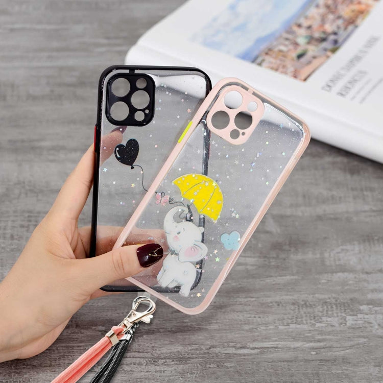 For iPhone 12 Pro Max Colored Drawing Starry Sky Epoxy TPU Shockproof Case with Neck Lanyard