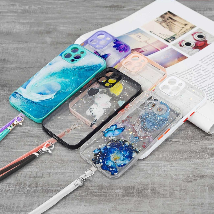 For iPhone 12 Pro Max Colored Drawing Starry Sky Epoxy TPU Shockproof Case with Neck Lanyard