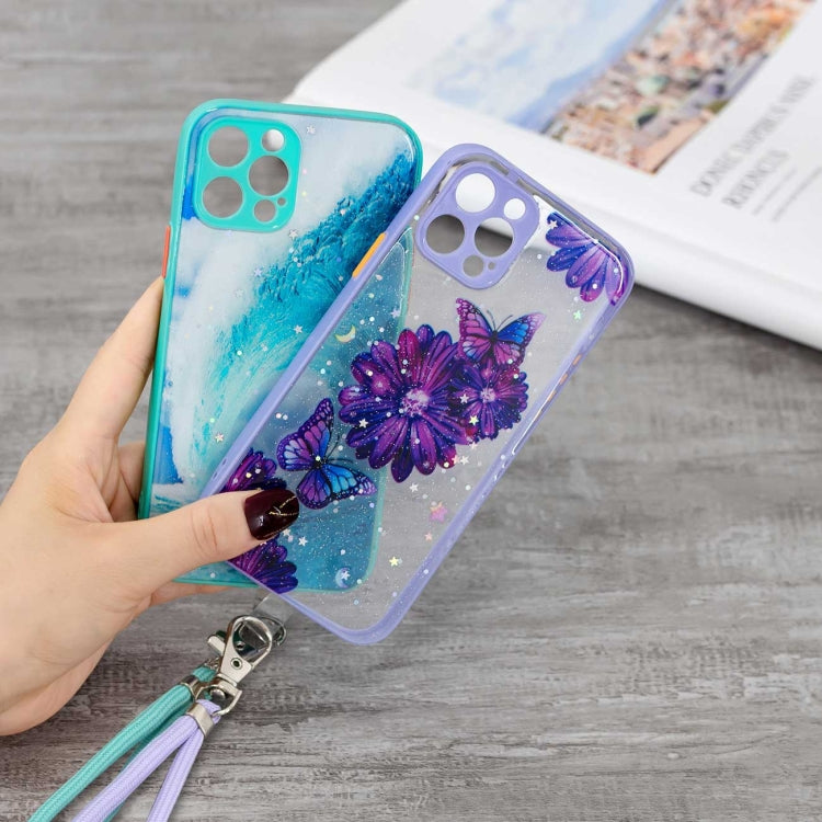 For iPhone 12 Pro Max Colored Drawing Starry Sky Epoxy TPU Shockproof Case with Neck Lanyard