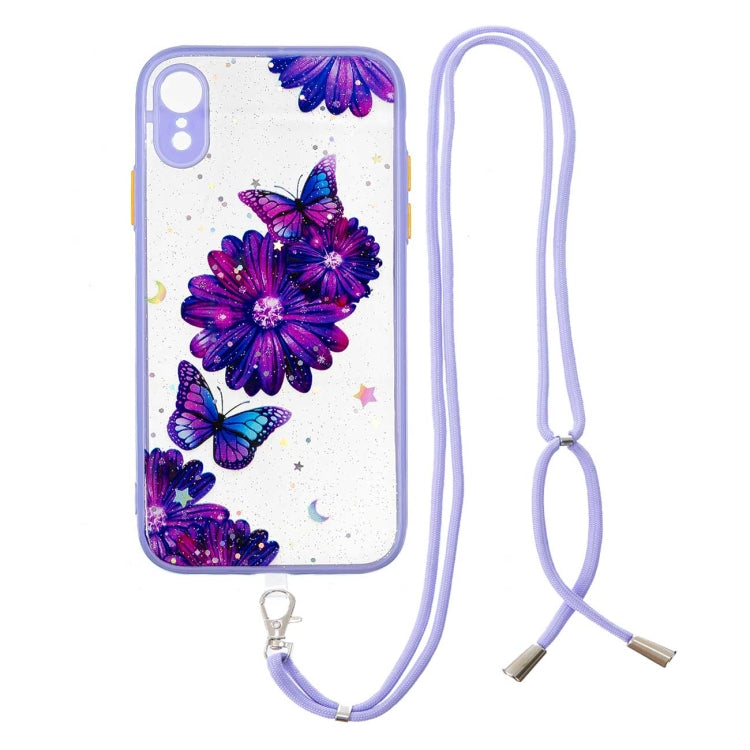 For iPhone XR Colored Drawing Starry Sky Epoxy TPU Shockproof Case with Neck Lanyard