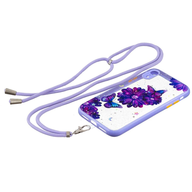 For iPhone XR Colored Drawing Starry Sky Epoxy TPU Shockproof Case with Neck Lanyard