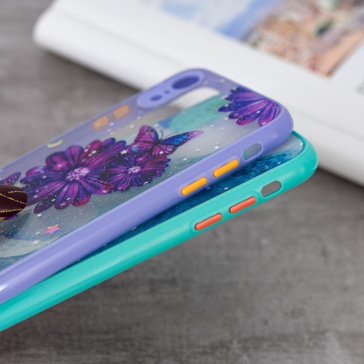 For iPhone XR Colored Drawing Starry Sky Epoxy TPU Shockproof Case with Neck Lanyard