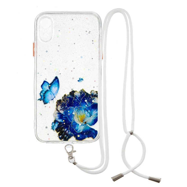 For iPhone XR Colored Drawing Starry Sky Epoxy TPU Shockproof Case with Neck Lanyard