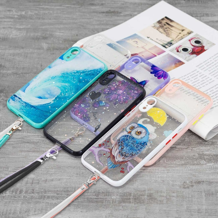For iPhone XR Colored Drawing Starry Sky Epoxy TPU Shockproof Case with Neck Lanyard