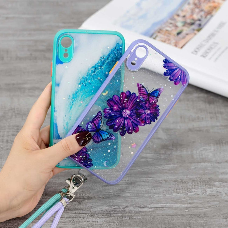 For iPhone XR Colored Drawing Starry Sky Epoxy TPU Shockproof Case with Neck Lanyard