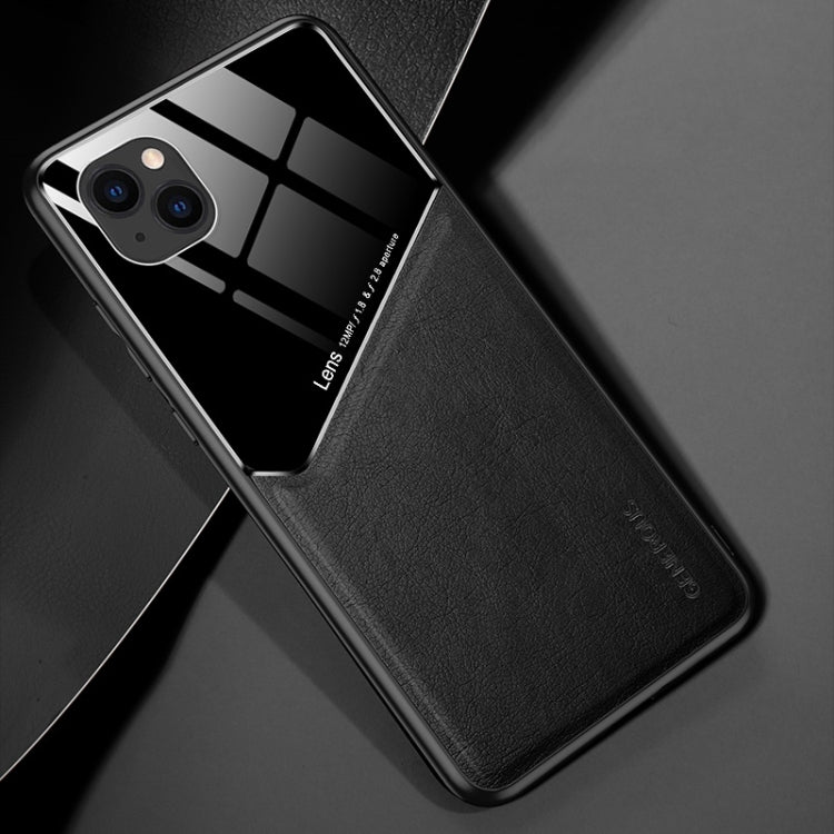 For iPhone 13 All-inclusive Leather + Organic Glass Protective Case with Metal Iron Sheet