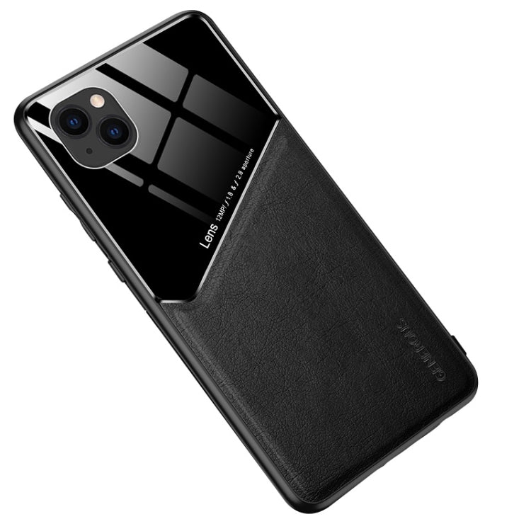 For iPhone 13 All-inclusive Leather + Organic Glass Protective Case with Metal Iron Sheet
