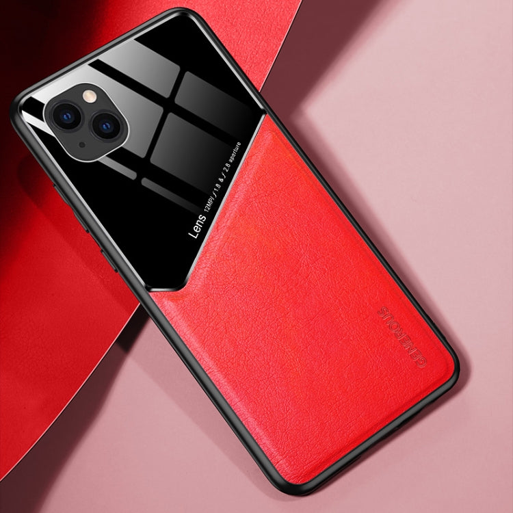 For iPhone 13 All-inclusive Leather + Organic Glass Protective Case with Metal Iron Sheet