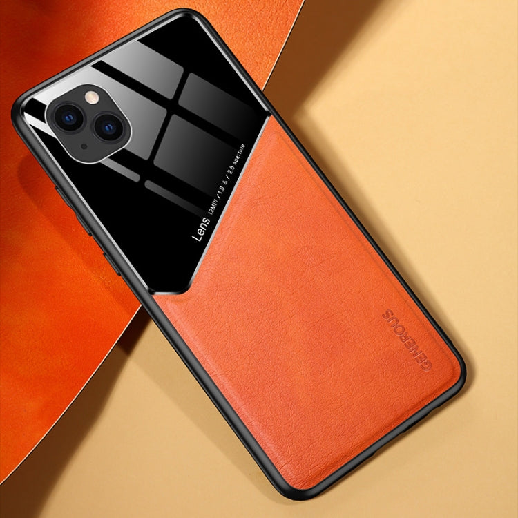 For iPhone 13 All-inclusive Leather + Organic Glass Protective Case with Metal Iron Sheet